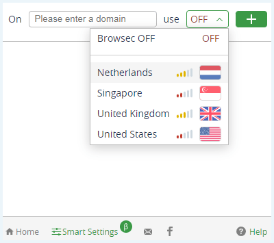 Browser extension of Browsec VPN showing the Split tunneling options