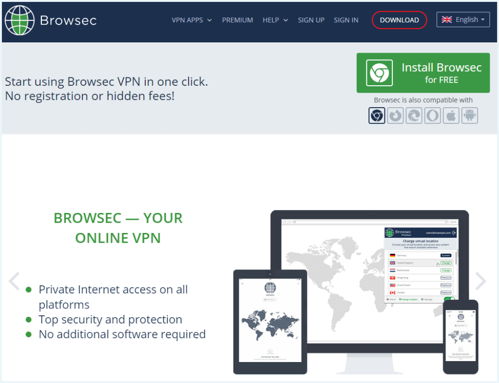 Homepage of the Browsec VPN website