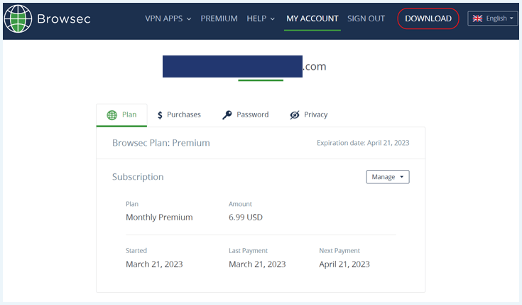 Personal dashboard on the Browsec VPN website