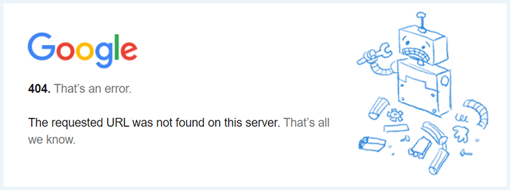 Screenshot of 404 Google error