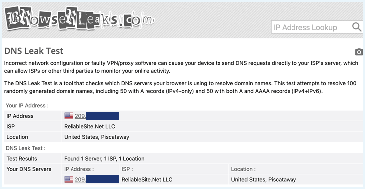 Browserleaks website showing the DNS Leak Test results for Planet VPN