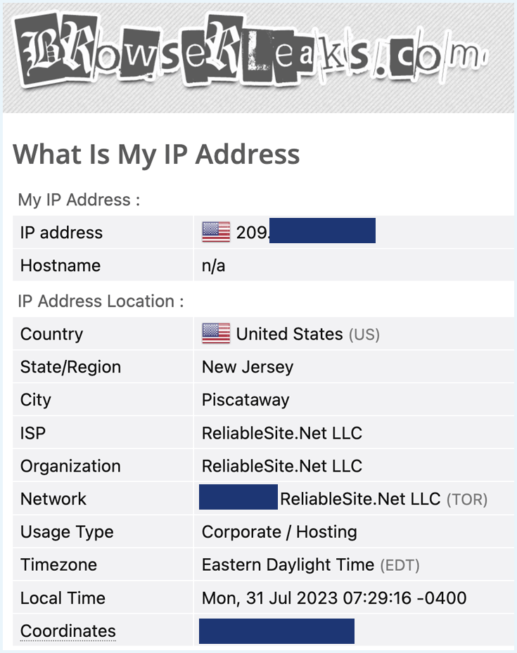 Browserleaks website showing the IP Leak Test results for Planet VPN