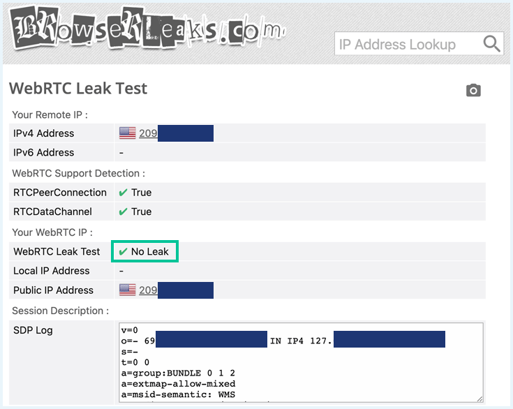 Browserleaks website showing the WebRTC Leak Test results for Planet VPN