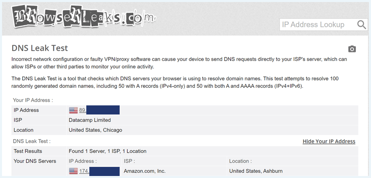 Browserleaks website showing the DNS Leak Test results for Unlocator