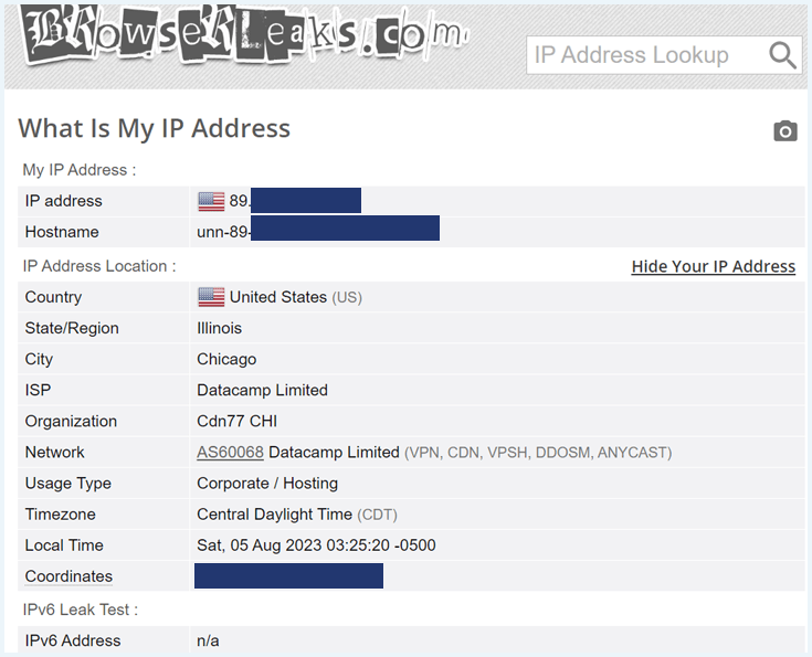 Browserleaks website showing the IP Leak Test results for Unlocator