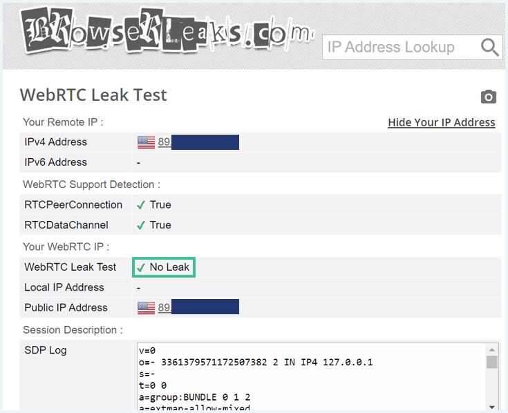 Browserleaks website showing the WebRTC Leak Test results for Unlocator