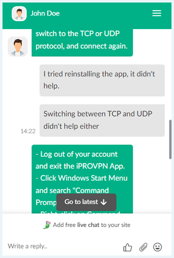 Screenshot of iProVPN, live chat