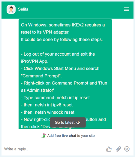 Screenshot of iProVPN, live chat