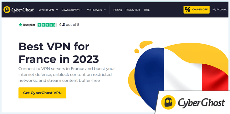 A screenshot of CyberGhost's French servers homepage