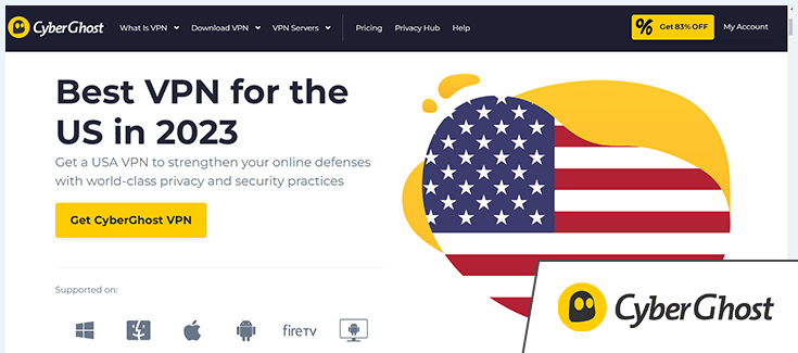 A screenshot of CyberGhost's USA homepage