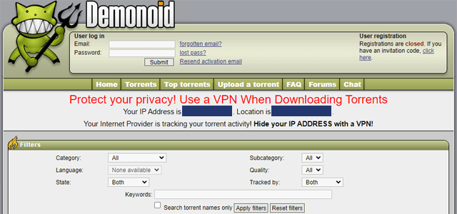 Homepage of the torrent website Demonoid