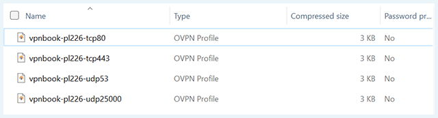 Screenshot of VPNBook, downloaded config files