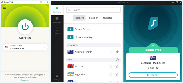 ExpressVPN and Surfshark VPN client software side by side