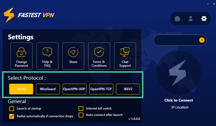 Screenshot of FastestVPN, protocols