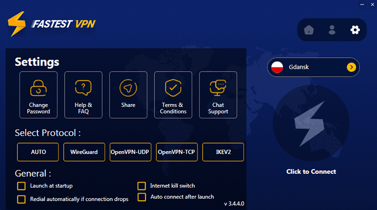 Screenshot of FastestVPN, settings