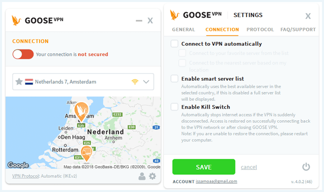 GOOSE VPN Software Main and Settings