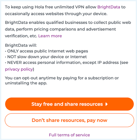 Hola VPN warning when using the free version