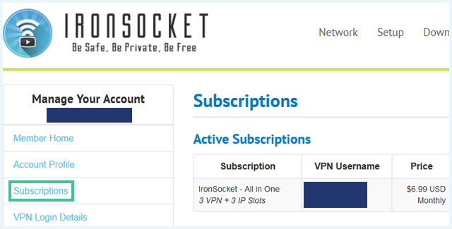 screenshot ironsocket subscriptions page