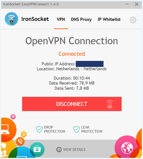 screenshot ironsocket vpn app connected