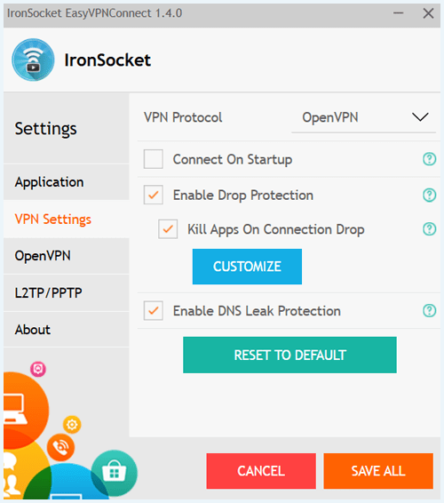 screenshot ironsocket vpn settings