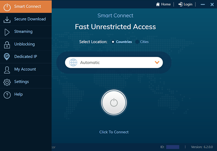 Screenshot of Ivacy VPN, interface, side menu