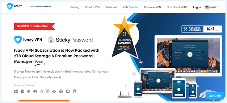 Screenshot of Ivacy VPN, homepage