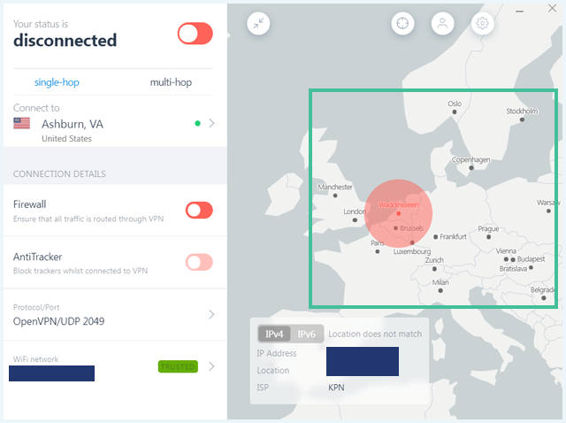 IVPN software where the map is highlighted