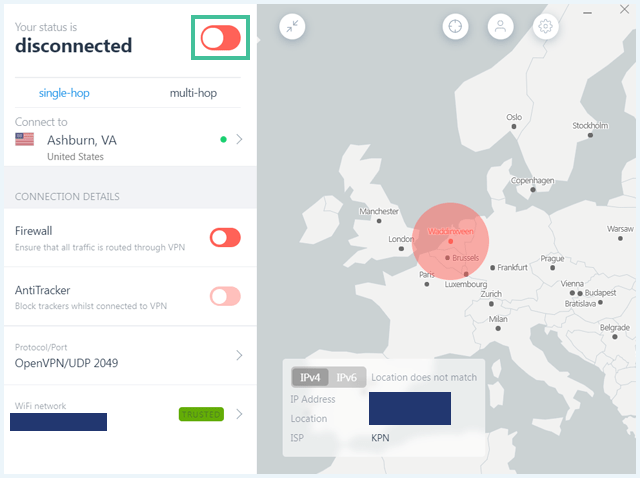 IVPN software map where the slider to connect is highlighted