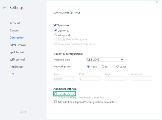 IVPN connection settings page with Use obfsproxy highlighted