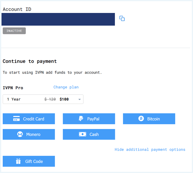 IVPN payment process screenshot