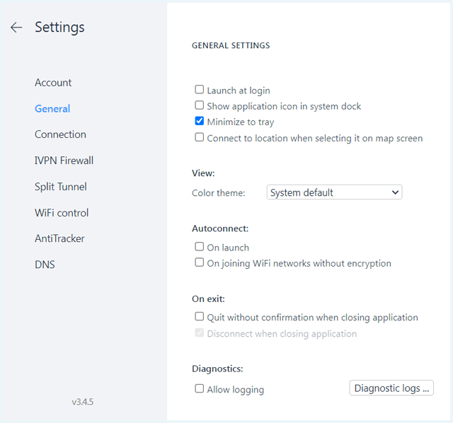 IVPN software general settings page