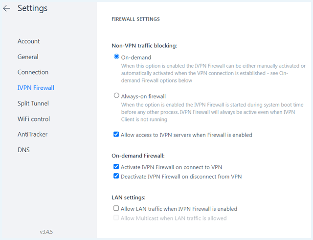 IVPN software firewall settings page