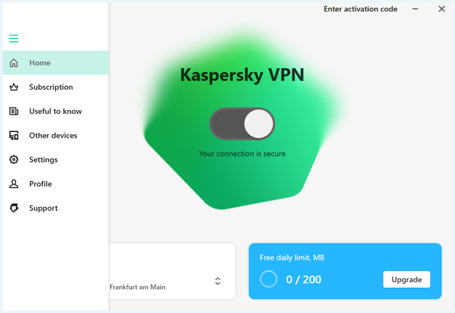 Dashboard of the Kaspersky VPN app