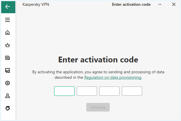 Kaspersky VPN app screen to enter activation code