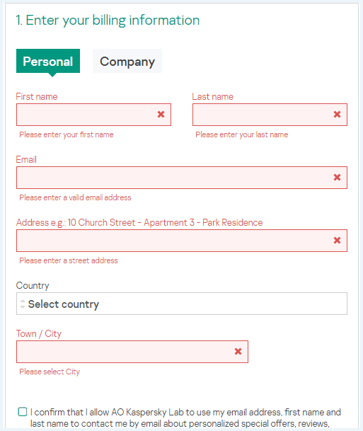 Kaspersky VPN signup form