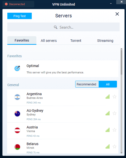 KeepSolid VPN Unlimited client software servers menu