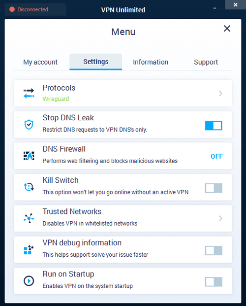 KeepSolid VPN Unlimited client software settings menu