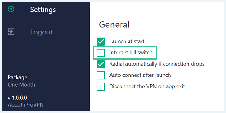 Screenshot of iProVPN, settings, kill switch