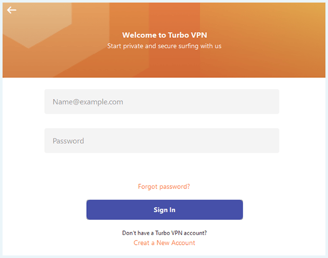 Screenshot of Turbo VPN, login window