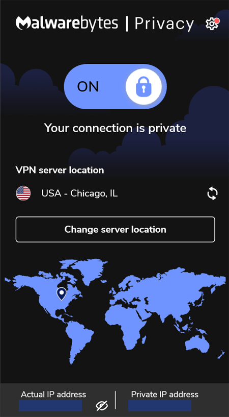 Dark mode of the Malwarebytes VPN app