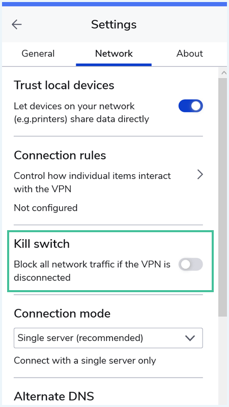 Kill Switch option in the Malwarebytes VPN app highlighted