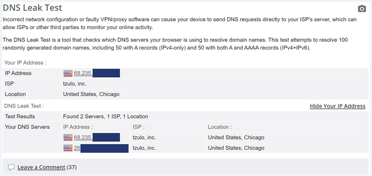 DNS leak test of Malwarebytes VPN showing no DNS leaks