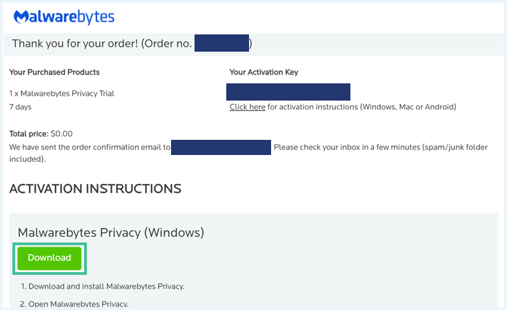 Order form of Malwarebytes VPN with the Download button highlighted