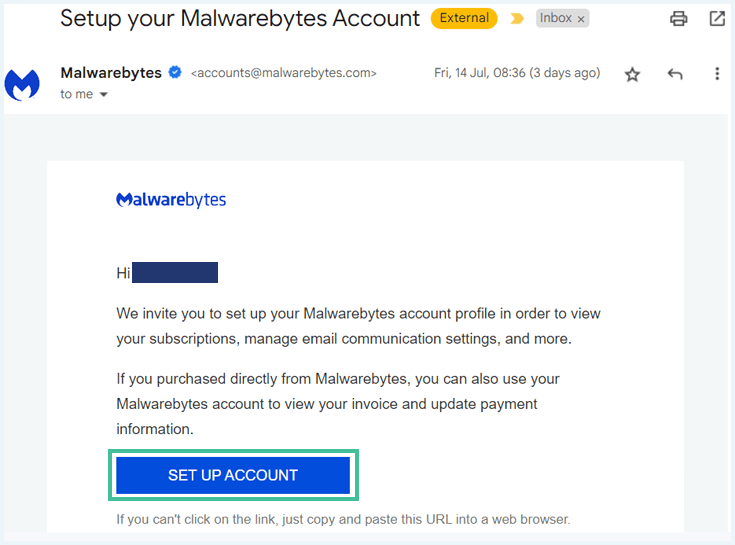 Email from Malwarebytes VPN with the Set Up Account button highlighted