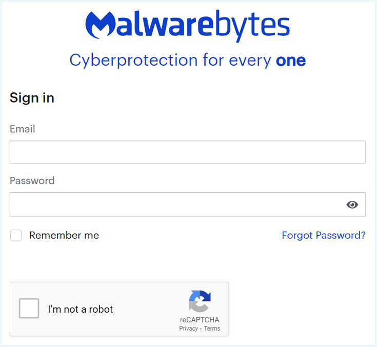 Login screen of Malwarebytes VPN