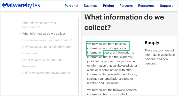 Privacy policy of Malwarebytes VPN with a paragraph regarding data collection highlighted