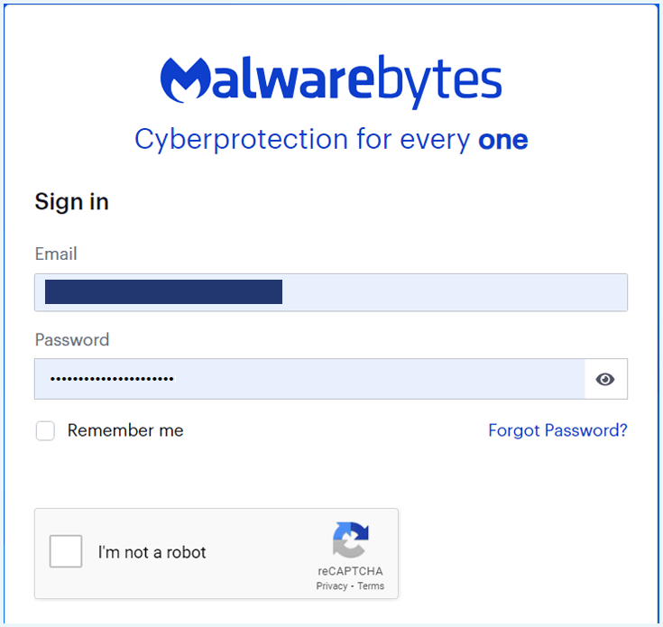 Sign in form on the website of Malwarebytes VPN