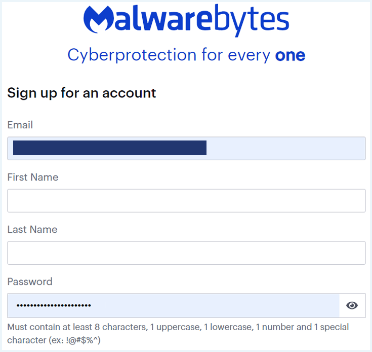 Sign up form on the website of Malwarebytes VPN