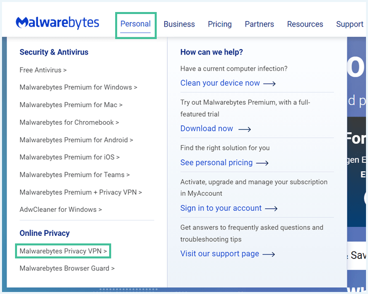 Website of Malwarebytes VPN with the menu item Personal and Malwarebytes Privacy VPN highlighted