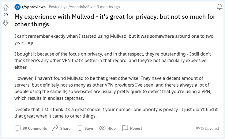 Screenshot of Reddit, Mullvad VPN AndorinhaRiver review